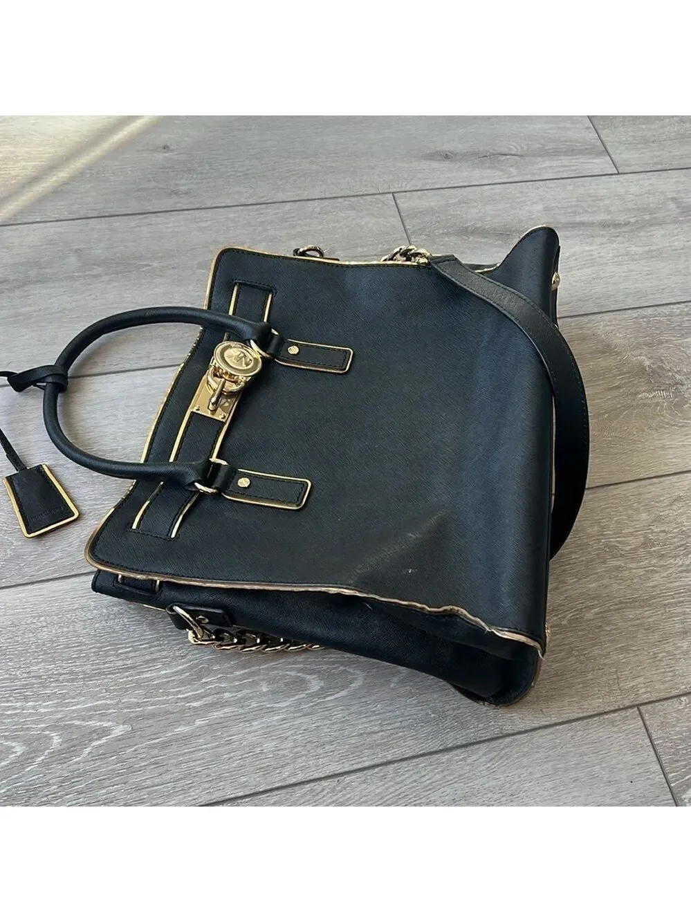 Michael Kors Black Leather Hamilton satchel Handbag with chain strap
